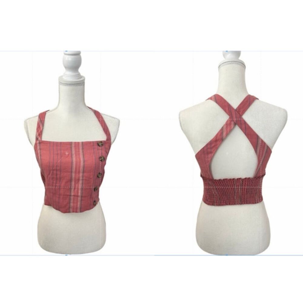 NWOT Chaser Striped Square Neck Open Cross Back Smocked Cropped Top Size Small
